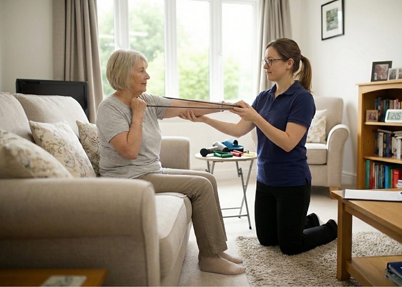 Physiotherapist running a resistance band exercise with an older woman in her living room